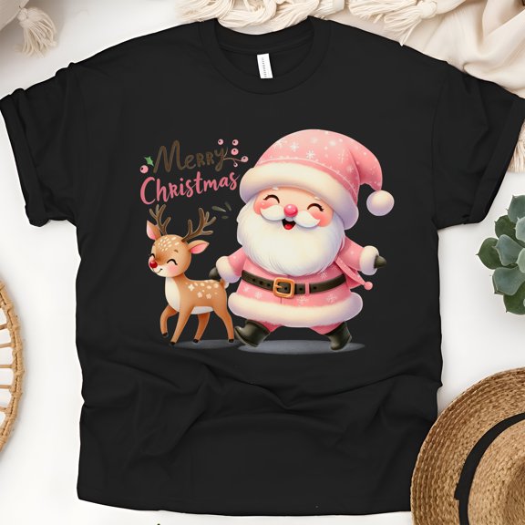 Merry Christmas T-Shirt | Cute Santa & Reindeer Holiday Graphic Tee, Black, Size 2XL