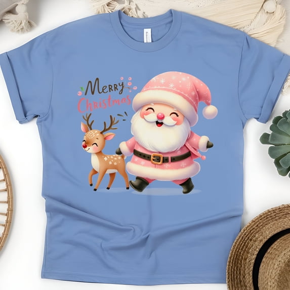 Merry Christmas T-Shirt | Cute Santa & Reindeer Holiday Graphic Tee, CarolinaBlue, Size 2XL