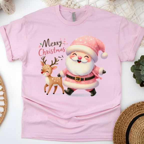 Merry Christmas T-Shirt | Cute Santa & Reindeer Holiday Graphic Tee, Light Pink, Size 3XL