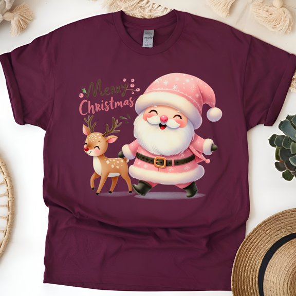 Merry Christmas T-Shirt | Cute Santa & Reindeer Holiday Graphic Tee, Maroon, Size XL
