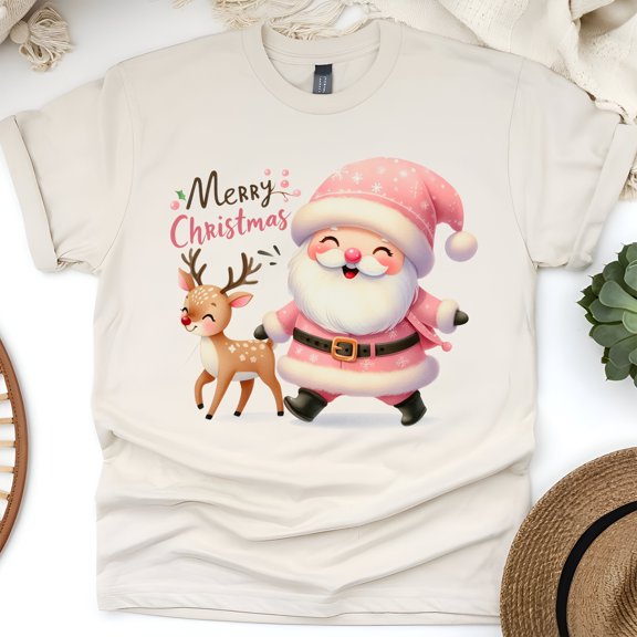 Merry Christmas T-Shirt | Cute Santa & Reindeer Holiday Graphic Tee, Natural, Size S