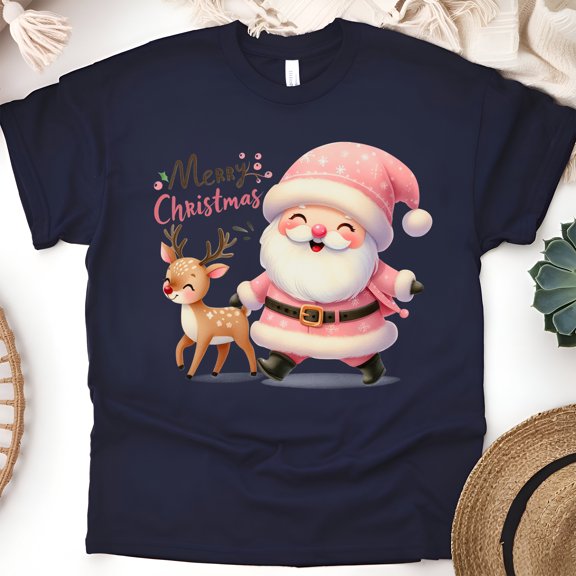 Merry Christmas T-Shirt | Cute Santa & Reindeer Holiday Graphic Tee, Navy, Size XL