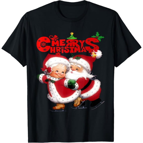 Merry Christmas Adult T-Shirt - Happy Cute Mrs Claus and Mr Claus Adult T-Shirt