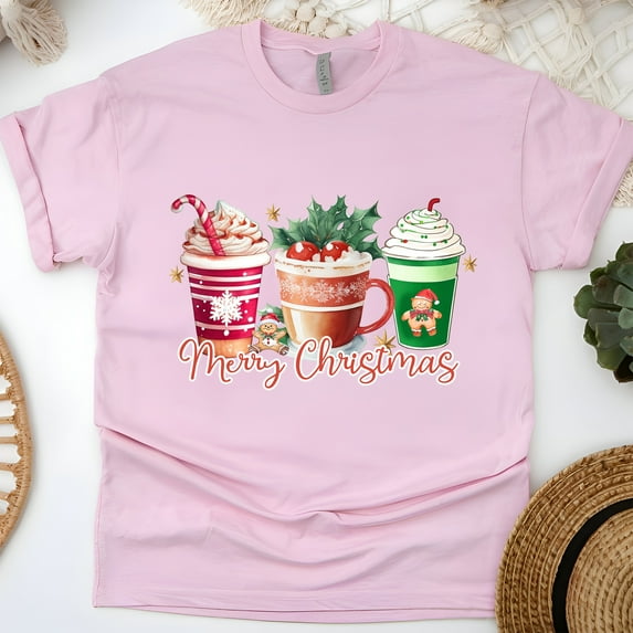 Merry Christmas T-Shirt | Holiday Coffee Cups & Gingerbread Graphic Tee, Light Pink, Size 2XL