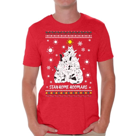 Merry Christmas T-Shirt for Men Stay Home Men's Shirt Xmas Pattern Cat Christmas Tree Kitty Tee Merry Christmas Top for Boys New Year Men Shirt Stay Home Hoomans Merry Xmas Gifts for Him