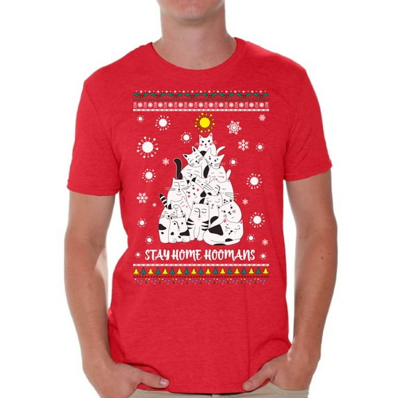 Merry Christmas T-Shirt for Men Stay Home Men's Shirt Xmas Pattern Cat Christmas Tree Kitty Tee Merry Christmas Top for Boys New Year Men Shirt Stay Home Hoomans Merry Xmas Gifts for Him