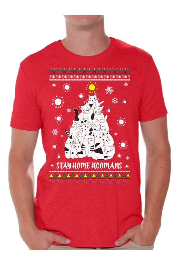 Merry Christmas T-Shirt for Men Stay Home Men's Shirt Xmas Pattern Cat Christmas Tree Kitty Tee Merry Christmas Top for Boys New Year Men Shirt Stay Home Hoomans Merry Xmas Gifts for Him