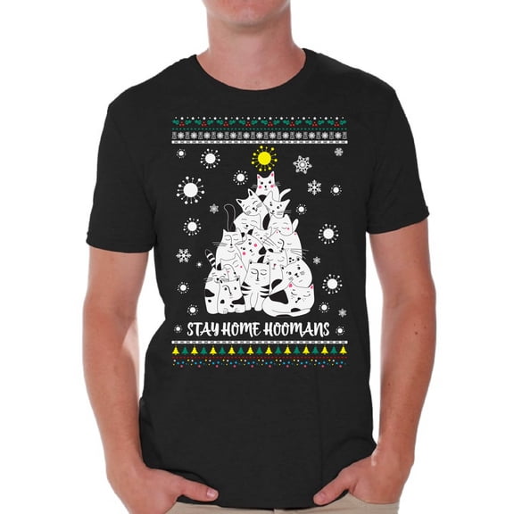 Merry Christmas T-Shirt for Men Stay Home Men's Shirt Xmas Pattern Cat Christmas Tree Kitty Tee Merry Christmas Top for Boys New Year Men Shirt Stay Home Hoomans Merry Xmas Gifts for Him