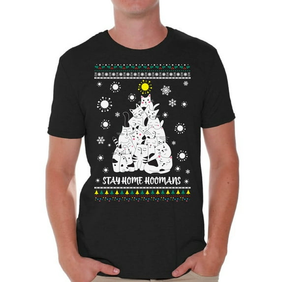 Merry Christmas T-Shirt for Men Stay Home Men's Shirt Xmas Pattern Cat Christmas Tree Kitty Tee Merry Christmas Top for Boys New Year Men Shirt Stay Home Hoomans Merry Xmas Gifts for Him