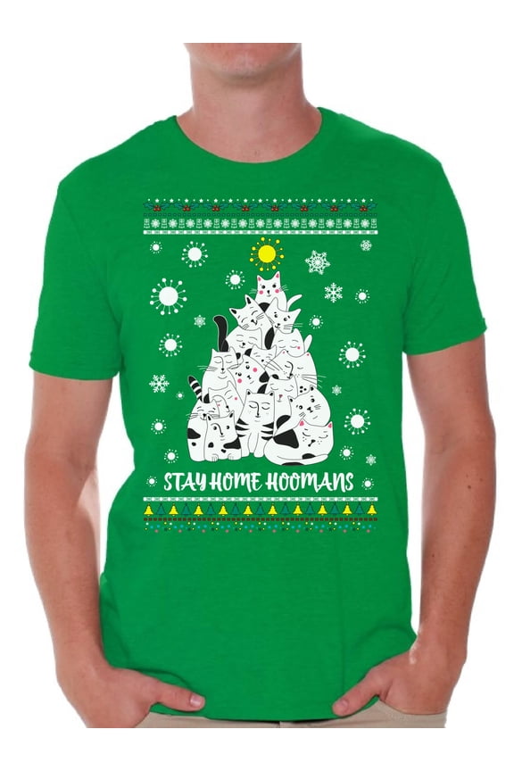 Merry Christmas T-Shirt for Men Stay Home Men's Shirt Xmas Pattern Cat Christmas Tree Kitty Tee Merry Christmas Top for Boys New Year Men Shirt Stay Home Hoomans Merry Xmas Gifts for Him