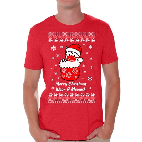 Merry Christmas T-Shirt for Men Wear a Meowsk Men's Shirt Xmas Pattern Cute Kitty Tee Merry Christmas Top for Boys New Year Men Shirt Happy Holidays Merry Xmas Gifts for Him