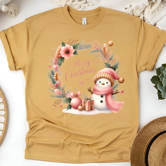 Merry Christmas T-Shirt | Snowman & Wreath Holiday Graphic Tee, Gold, Size 2XL