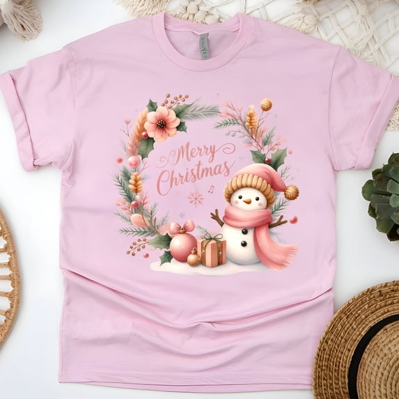 Merry Christmas T-Shirt | Snowman & Wreath Holiday Graphic Tee, Light Pink, Size 3XL