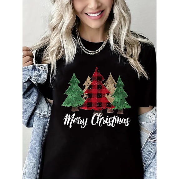 Merry Christmas T-Shirt Women Christmas Tree Graphic Casual Short Sleeve Holiday Top
