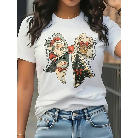 Merry Christmas T-Shirt Women Cute Santas Snowman Elk Graphic Casual Short Sleeve Holiday Top