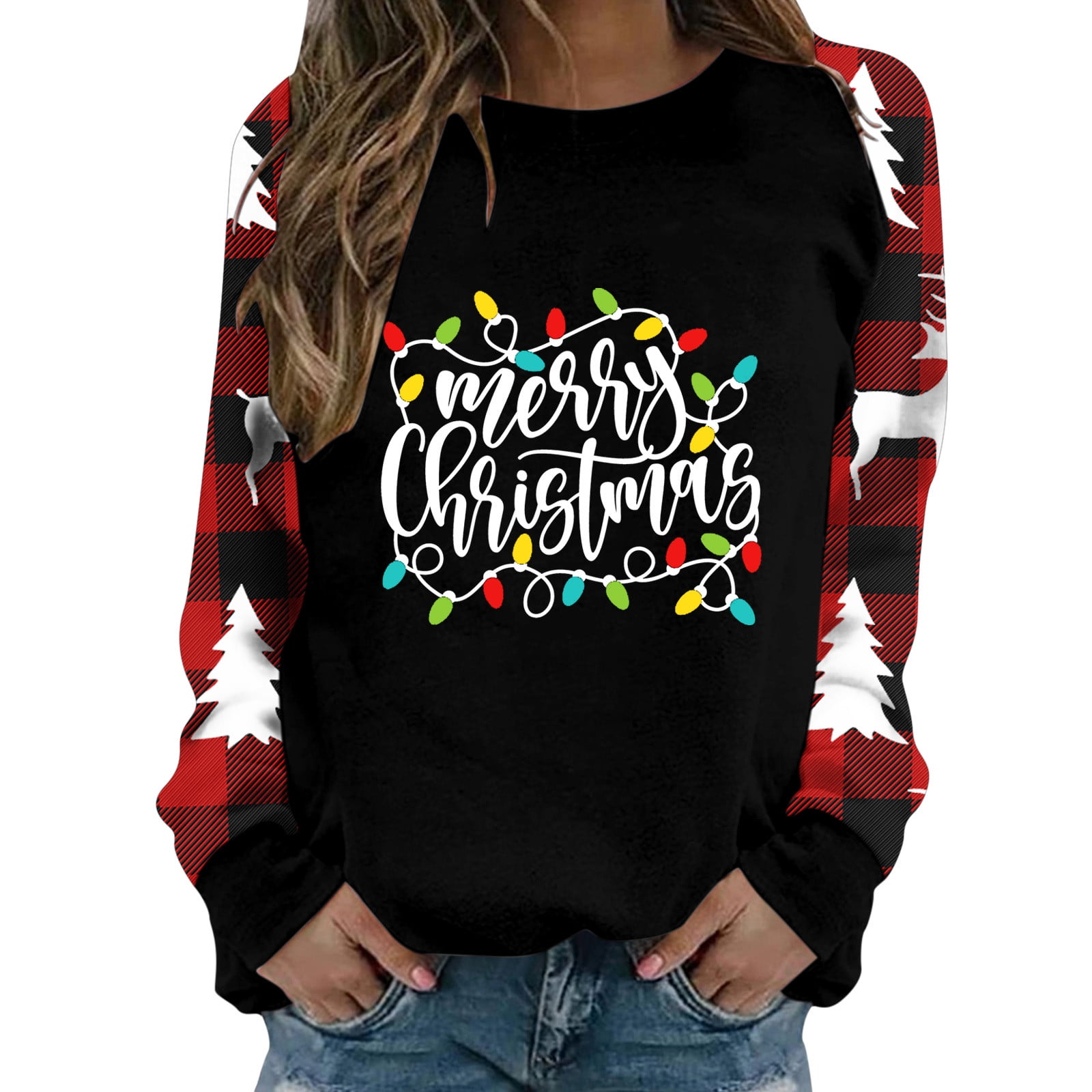Merry Christmas T Shirt Women Plaid Tops Christmas Letter Print Long