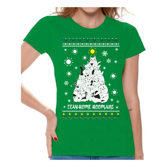 Merry Christmas T-Shirt for Women Stay Home Ladies Shirt Xmas Pattern Cat Christmas Tree Kitty Tee Merry Christmas Top for Girls New Year Women Shirt Stay Home Hoomans Merry Xmas Gifts for Her