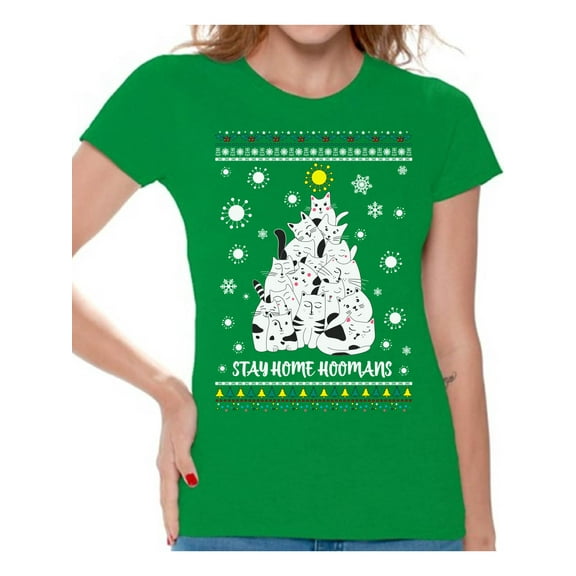 Merry Christmas T-Shirt for Women Stay Home Ladies Shirt Xmas Pattern Cat Christmas Tree Kitty Tee Merry Christmas Top for Girls New Year Women Shirt Stay Home Hoomans Merry Xmas Gifts for Her