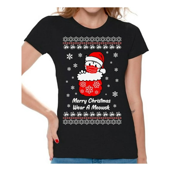 Merry Christmas T-Shirt for Women Wear a Meowsk Ladies Shirt Xmas Pattern Cute Kitty Tee Merry Christmas Top for Girls New Year Women Shirt Happy Holidays Merry Xmas Gifts for Her