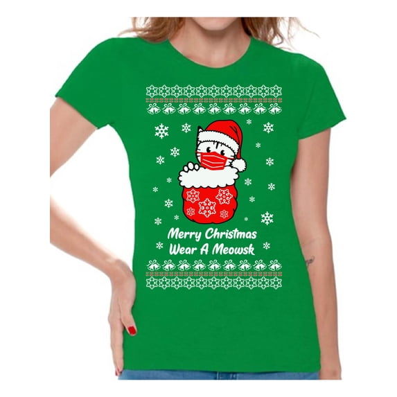 Merry Christmas T-Shirt for Women Wear a Meowsk Ladies Shirt Xmas Pattern Cute Kitty Tee Merry Christmas Top for Girls New Year Women Shirt Happy Holidays Merry Xmas Gifts for Her