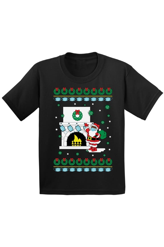 Merry Christmas T-Shirt for Kids Xmas Shirts for Boys Youth Tee Funny Santa Girls T Shirt Mask Christmas Fireplace Top Holiday Gifts