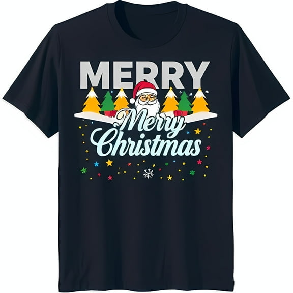 Merry Christmas T-Shirt with Santa Snowdrift Trees & Colorful Stars