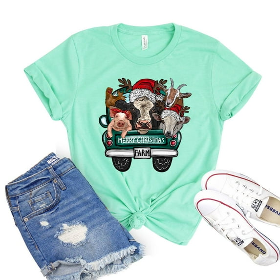 Merry Christmas T-shirt Farm Truck Shirts Animals Tee Women's Winter Gift Red Pickup Tshirt Holiday Shirt