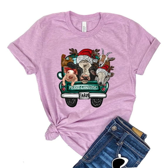 Merry Christmas T-shirt Farm Truck Shirts Animals Tee Women's Winter Gift Red Pickup Tshirt Holiday Shirt