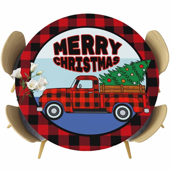 Merry Christmas Table Cloth, Round Fitted Tablecloths with Elastic Edge, Red Black Plaid Xmas Tree Truck Winter Wipeable Waterproof Table Cover for Kitchen Wedding 45-54 Inches