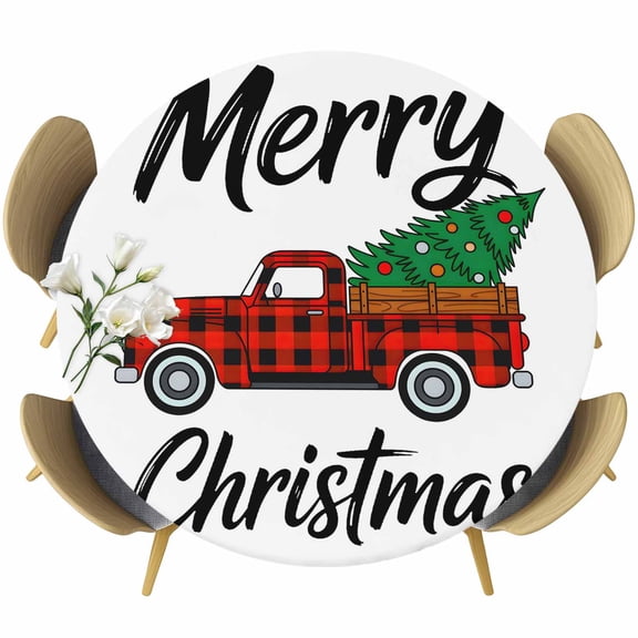 Merry Christmas Table Cloth, Round Fitted Tablecloths with Elastic Edge, Winter Xmas Red Black Plaid Truck Holiday Wipeable Waterproof Table Cover for Kitchen Wedding 45-54 Inches