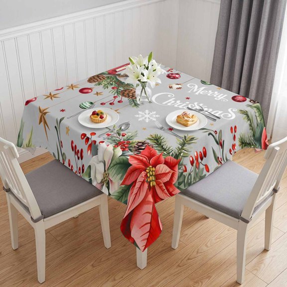 Merry Christmas Table Cloth Waterproof Tablecloths, Poinsettia Xmas Tree Snowflake Winter Tablecloth Dining Table Cover for Kitchen Party Tabletop Outdoor, Square Tablecloth 54x54 Inch