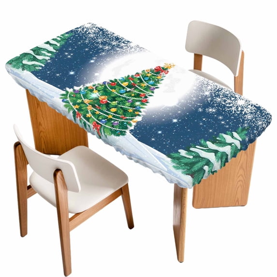 Merry Christmas Table Cloths for 3 Foot Rectangle Tables, Xmas Pine Trees Snowflakes Moon Winter Blue Patio Waterproof Elastic Fitted Tablecloths, Washable Rectangular Table Cover for Camping