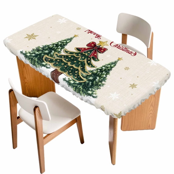Merry Christmas Table Cloths for 4 Foot Rectangle Tables, Winter Pine Tree Gold White Snowflakes Patio Waterproof Elastic Fitted Tablecloths, Washable Rectangular Table Cover for Camping