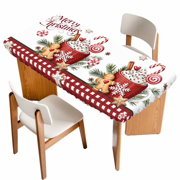 Merry Christmas Table Cloths for 6 Foot Rectangle Tables, Ice Cream Snowflakes Candy Pine Needles Patio Waterproof Elastic Fitted Tablecloths, Washable Rectangular Table Cover for Camping