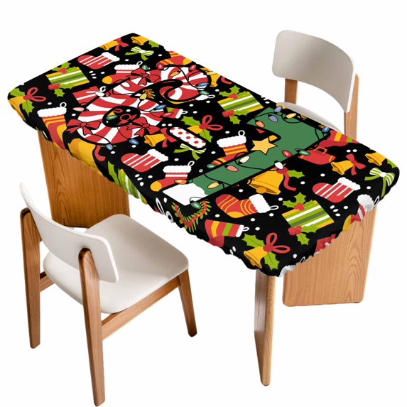 Merry Christmas Table Cloths for 6 Foot Rectangle Tables, Winter Xmas Stockings Gifts Bells Cartoon Patio Waterproof Elastic Fitted Tablecloths, Washable Rectangular Table Cover for Camping