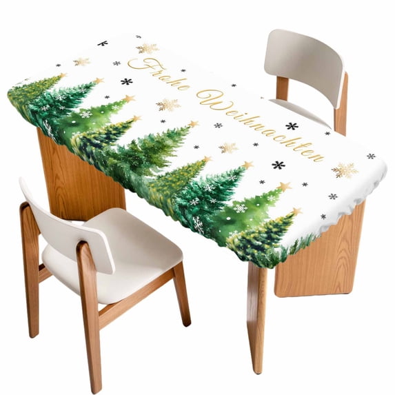 Merry Christmas Table Cloths for 6 Foot Rectangle Tables, Xmas Trees Snowflake Farmhouse Winter Patio Waterproof Elastic Fitted Tablecloths, Washable Rectangular Table Cover for Camping
