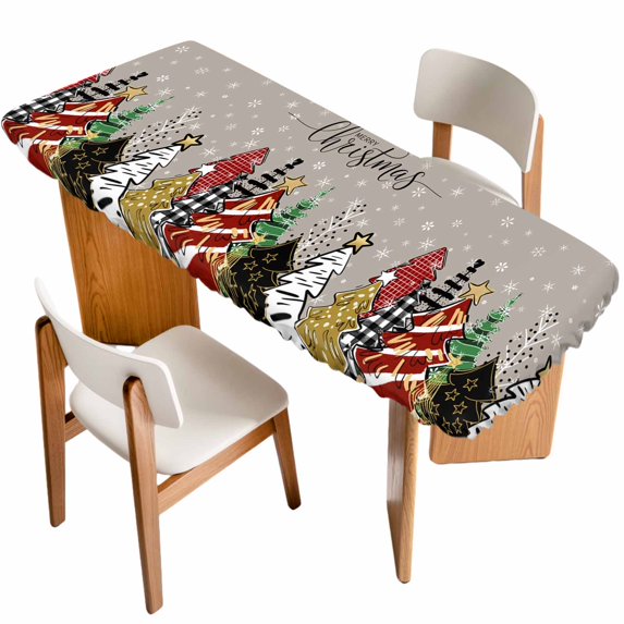 Merry Christmas Table Cloths for 8 Foot Rectangle Tables, Farmhouse Xmas Tree Winter Snowflake Grey Patio Waterproof Elastic Fitted Tablecloths, Washable Rectangular Table Cover for Camping
