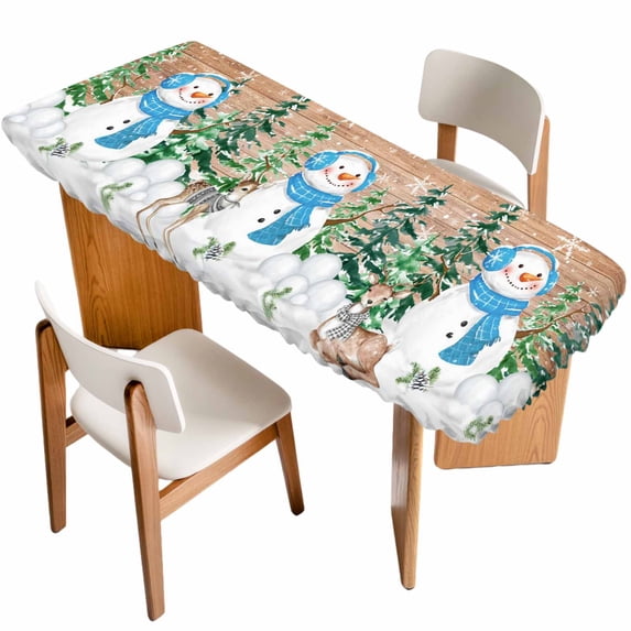 Merry Christmas Table Cloths for 8 Foot Rectangle Tables, Rustic Xmas Tree Elk Blue Snowman Snowflake Patio Waterproof Elastic Fitted Tablecloths, Washable Rectangular Table Cover for Camping