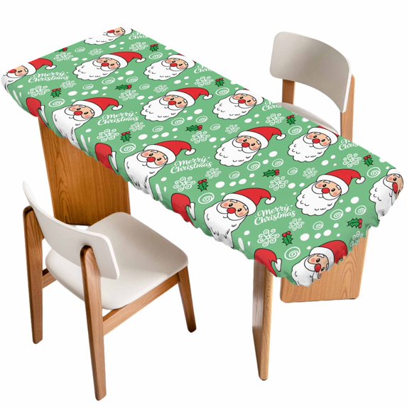 Merry Christmas Table Cloths for 8 Foot Rectangle Tables, Santa Claus Xmas Winter Leaves Snowflake Green Patio Waterproof Elastic Fitted Tablecloths, Washable Rectangular Table Cover for Camping
