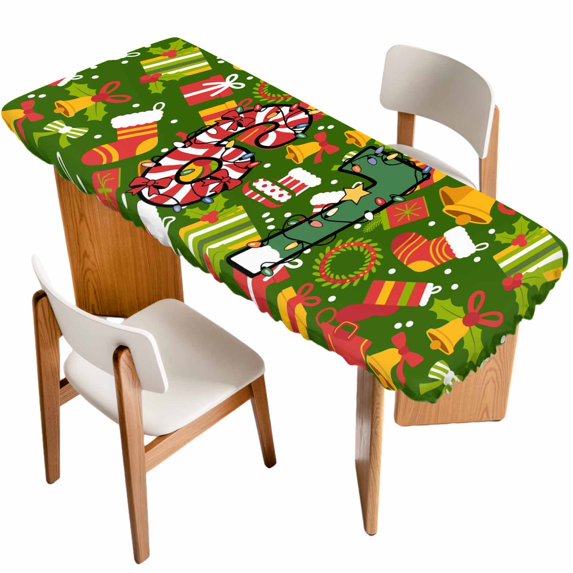 Merry Christmas Table Cloths for 8 Foot Rectangle Tables, Winter Xmas Stockings Gifts Cartoon Green Patio Waterproof Elastic Fitted Tablecloths, Washable Rectangular Table Cover for Camping