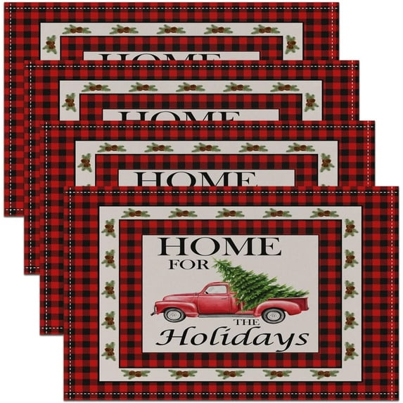 Merry Christmas Table Place Mats Christmas Cartoon CarWashable Fabric Decoration Table Mats PlacematDecor Geometric Place Mats Black Red Table Mats 18"x12"