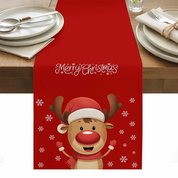 Merry Christmas Table Runner - 36 Inch Long, Kitchen Dining Table Runner Dresser Scarves, Red Winter Xmas Cartoon Deer Snowflake Farmhouse Decor for Coffee Tables Wedding Party Banquet