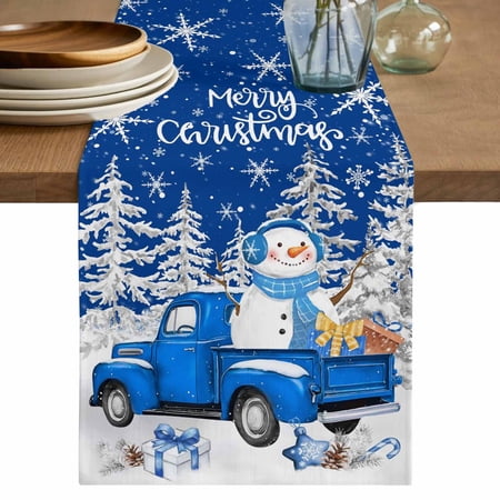 Merry Christmas Table Runner 36 Inches, Blue Snowman Truck Pine Tree Winter Snow Bed Runner Dresser Scarves Tabletop for Indoor Outdoor Parties/Ceremony/Banquet, 13"x 36"