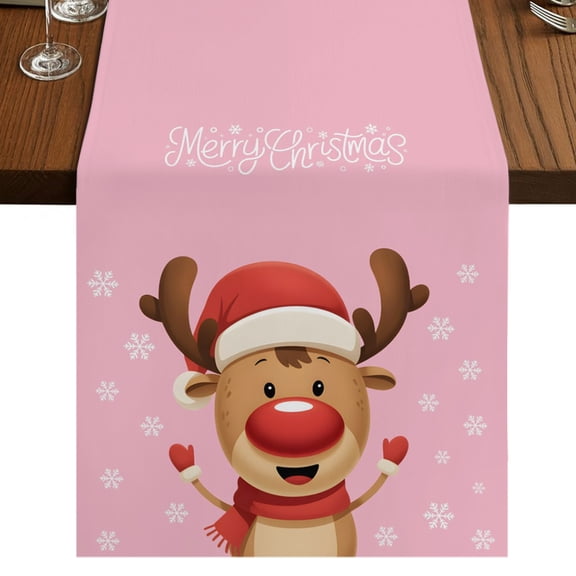 Merry Christmas Table Runner 36 Inches Long for Dining Tables, Pink Winter Xmas Hat Deer Snowflake Cotton Linen Table Runner Coffee Tablerunners Dresser for Kitchen Party Holiday Decorations 13"x36"