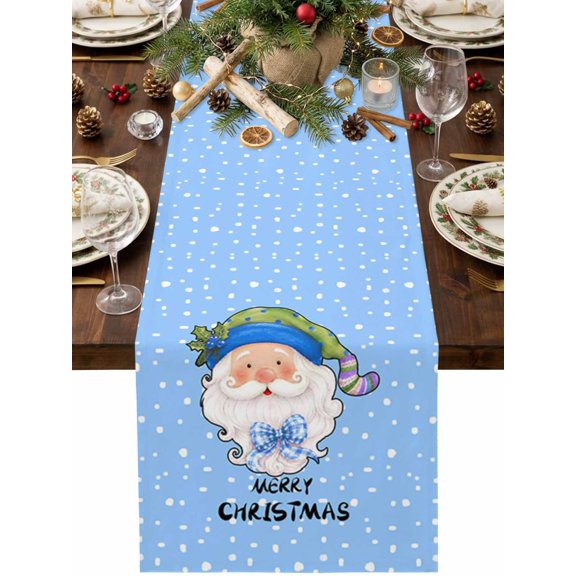 Merry Christmas Table Runner 48 Inches Long, Charm Santa Claus Blue Knit Beanie Ribbon Bow Tie Cotton Linen Dining Table Runner Dresser Scarves for Home Kitchen Party Decor 13"x48"