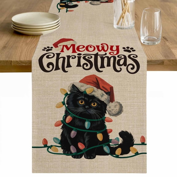 Merry Christmas Table Runner 48 Inches Long Farmhouse Dress Scarves, Xmas Hat Black Car Winter Holiday Burlap Dining Tablerunner for Coffee Table/Kitchen Island/Party Décor, 13" x 48"