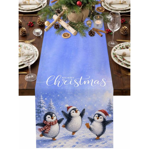 Merry Christmas Table Runner 48 Inches Long, Winter Penguins Pine Tree Snowy Ground Blue Cotton Linen Dining Table Runner Dresser Scarves for Home Kitchen Party Decor 13"x48"