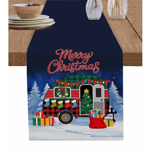 Merry Christmas Table Runner 48 Inches, Xmas Tree Camper Van Winter Gifts Bed Runner Dresser Scarves Tabletop for Indoor Outdoor Parties/Ceremony/Banquet, 13" x 48"