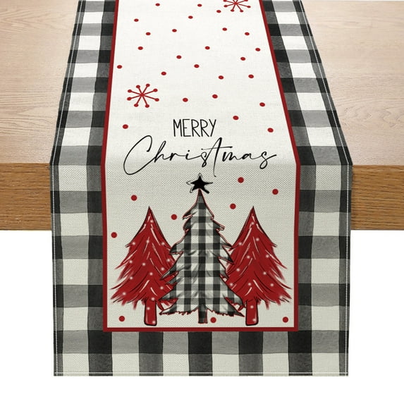 Merry Christmas Table Runner Buffalo Plaid Tree Snowflake Table Runner Winter Farmhouse Seasonal Christmas Holiday Kitchen Dining Table Decoration for Indoor Outdoor Home Party Decor 13 x 72 Inch
