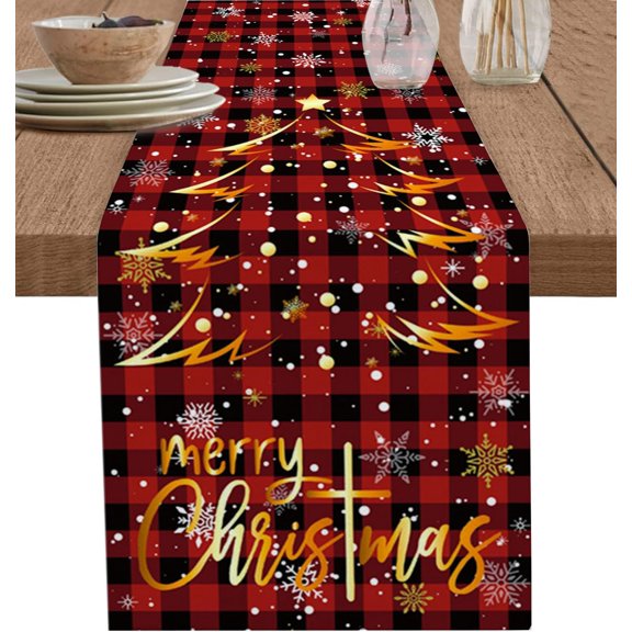 Merry Christmas Table Runner,Gold Xmas Tree Cotton Linen Tablecloth Holiday Farmhouse Table Decor for Home,Kitchen,Dining Room,Indoor,Outdoor,13X70 Inches Long, Red Black Buffalo Plaid Pattern